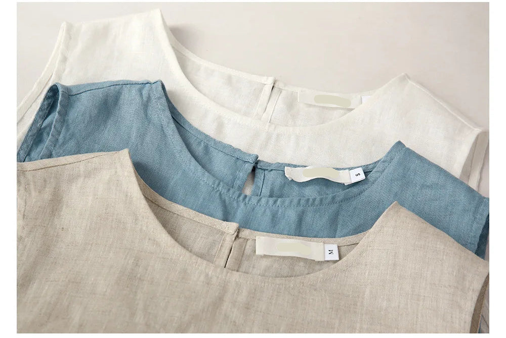 Casual Linen Crew Neck Loose Sleeveless Shirt